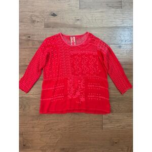 Johnny Was Tunic Top Womens L Red Embroidered Eyelet‎ Patchwork Boho